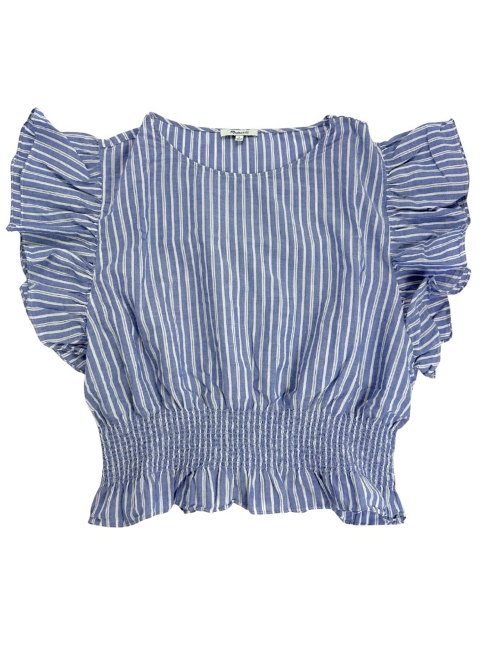 Madewell Blue White Striped Smocked Ruffle Blouse Size Large Cottagecore Top